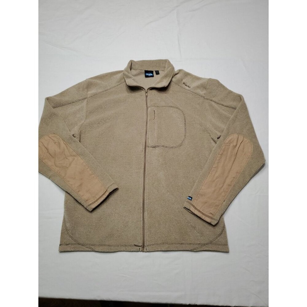 Kavu Fleece Jacket Mens Large Tan Full Zip Zip Chest Pocket Canvas Elbow Patches - Picture 1 of 11